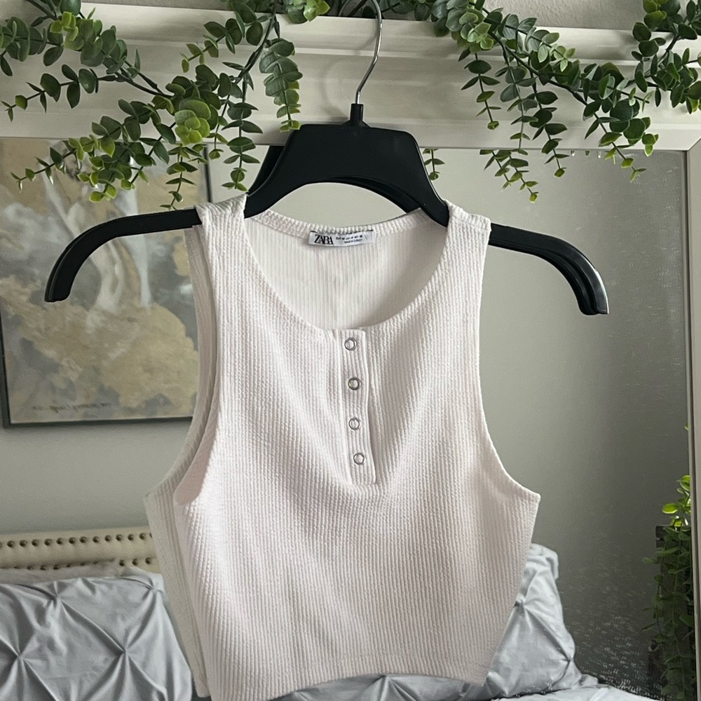 Zara Cream Ribbed Polo Crop Top